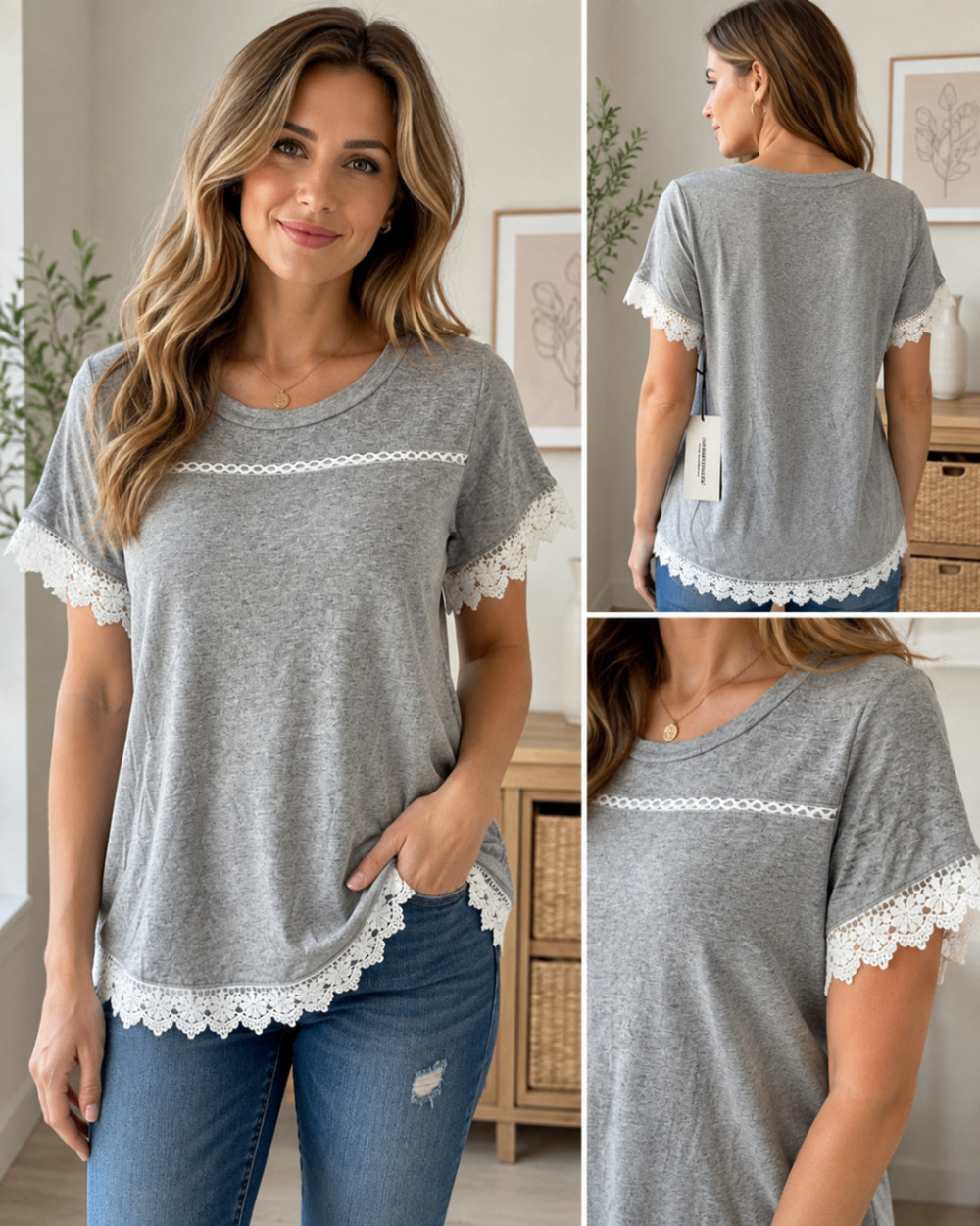 Coverstitched Small Gray Knit Top White Crochet Lace Trim Boho Cottagecore NWT